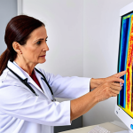 **

Prompt: A friendly doctor explaining a bone density scan (Densitometry) result to a woman in her 50s. The doctor is pointing at a scan image showing a color-coded spine. The setting is a bright, modern medical office in Spain. Emphasize trust and reassurance.

**