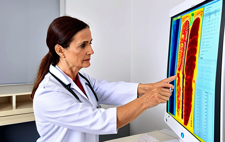 **

Prompt: A friendly doctor explaining a bone density scan (Densitometry) result to a woman in her 50s. The doctor is pointing at a scan image showing a color-coded spine. The setting is a bright, modern medical office in Spain. Emphasize trust and reassurance.

**
