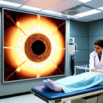 **

A modern radiotherapy center with IMRT and IGRT technology, showing a diverse medical team (radiation oncologist, medical physicist, radiation therapist) working together on a patient's breast cancer treatment plan. The scene should convey precision, care, and advanced technology. The hospital should have a Joint Commission International (JCI) accreditation sign visible.

**