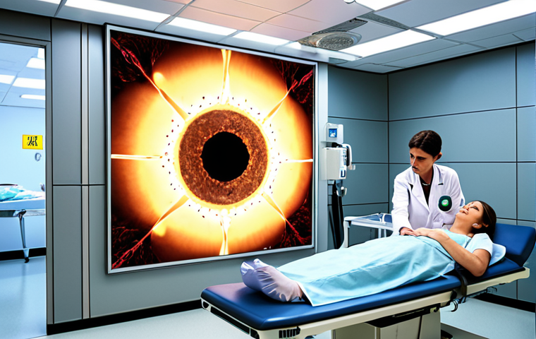 **
A modern radiotherapy center with IMRT and IGRT technology, showing a diverse medical team (radiation oncologist, medical physicist, radiation therapist) working together on a patient's breast cancer treatment plan. The scene should convey precision, care, and advanced technology. The hospital should have a Joint Commission International (JCI) accreditation sign visible.
**