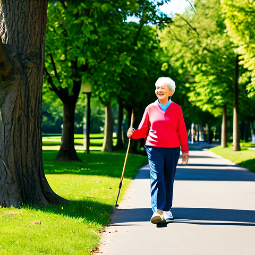 **
"A mature woman, fully clothed in comfortable, modest clothing, enjoys a sunny day in a park, carefully walking with a walking stick. She smiles gently, emphasizing the importance of exercise for bone health. Background includes green trees and other park visitors. Safe for work, appropriate content, professional, family-friendly, perfect anatomy, natural proportions."
**