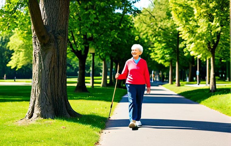 **

"A mature woman, fully clothed in comfortable, modest clothing, enjoys a sunny day in a park, carefully walking with a walking stick. She smiles gently, emphasizing the importance of exercise for bone health. Background includes green trees and other park visitors. Safe for work, appropriate content, professional, family-friendly, perfect anatomy, natural proportions."

**