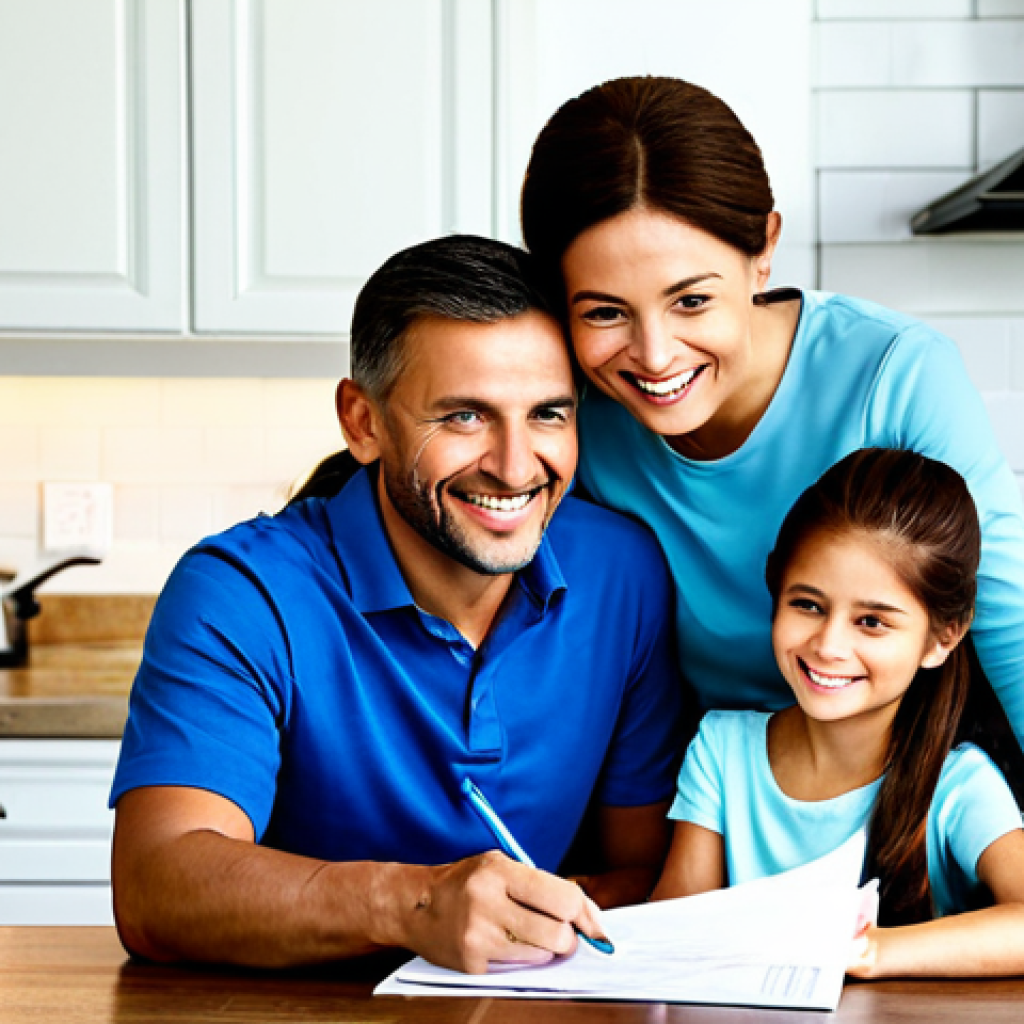 Understanding Insurance Coverage**
"A friendly family sitting at a kitchen table, reviewing insurance paperwork together. They are smiling and pointing at a document highlighting 'Deducible,' 'Copay,' and 'Coinsurance'. The setting is a brightly lit, modern home. fully clothed, appropriate content, safe for work, professional photography, high quality, perfect anatomy, natural proportions, family-friendly, modest clothing."
**