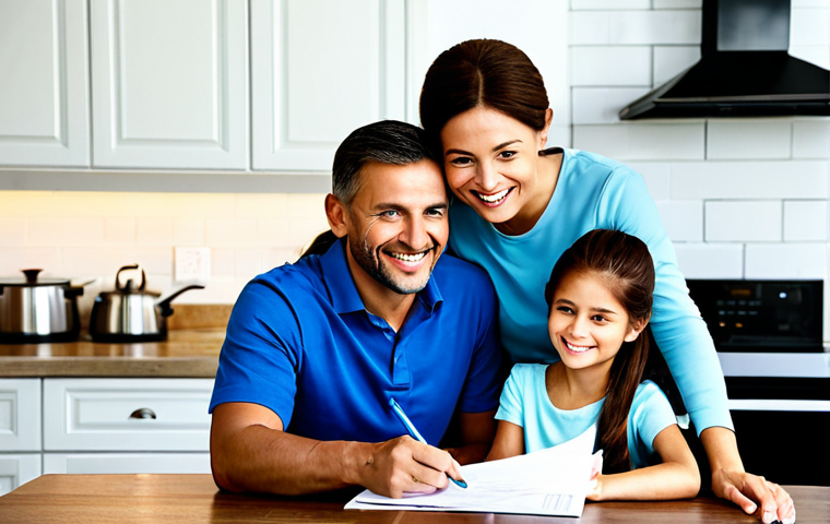 Understanding Insurance Coverage**
"A friendly family sitting at a kitchen table, reviewing insurance paperwork together. They are smiling and pointing at a document highlighting 'Deducible,' 'Copay,' and 'Coinsurance'. The setting is a brightly lit, modern home. fully clothed, appropriate content, safe for work, professional photography, high quality, perfect anatomy, natural proportions, family-friendly, modest clothing."
**