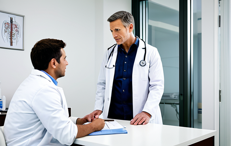 전립선암 방사선 치료 후기 - Medical Consultation**
"A doctor in a professional white coat, discussing treatment options with a ...