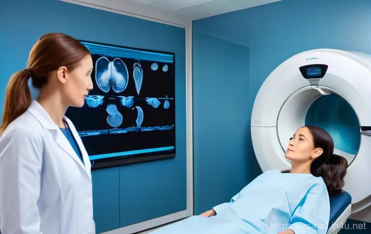 CT 검사와 방사선 노출 위험 비교 - **Prompt 1: The Clarity of a CT Scan**
"A compassionate female radiologist, wearing a clean whit...