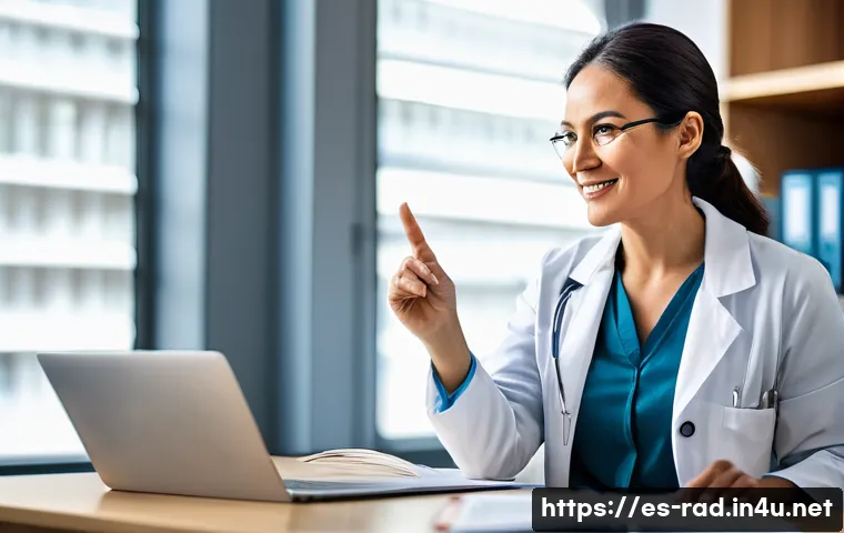 폐암 CT 스캔 비용 - **Prompt:** "A compassionate, female doctor, mid-40s, with a warm smile, is explaining the importanc...