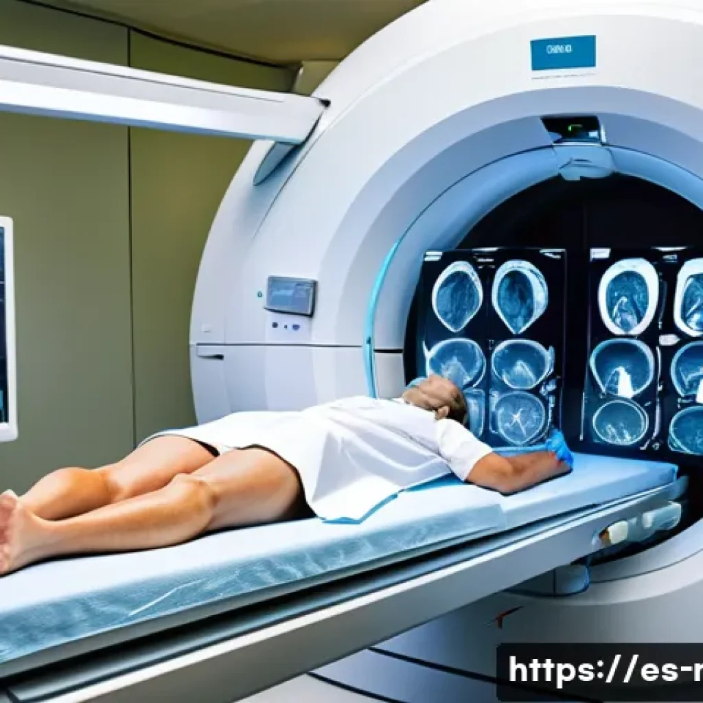 MRI 검사와 방사선 치료의 관계 - A detailed, high-resolution medical illustration of an MRI scan in progress inside a modern oncology...