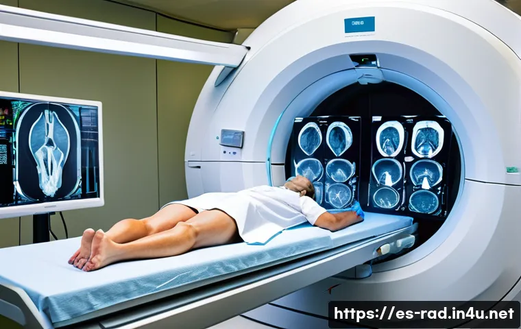 MRI 검사와 방사선 치료의 관계 - A detailed, high-resolution medical illustration of an MRI scan in progress inside a modern oncology...