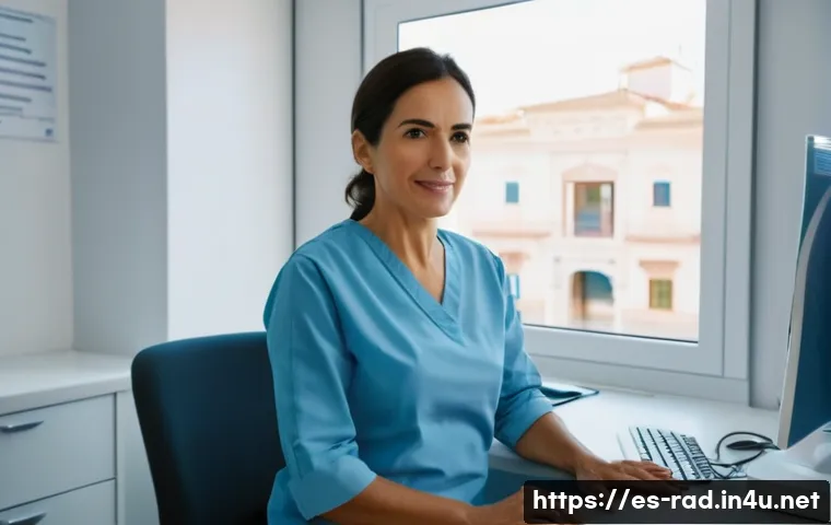 유방암 방사선 진단 후기 - A calm and professional radiology clinic setting in Spain, featuring a Spanish-speaking female patie...