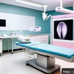 유방암 진단과 치료 비교 - A modern breast cancer diagnostic imaging room in a Spanish hospital, featuring advanced 3D tomosynt...