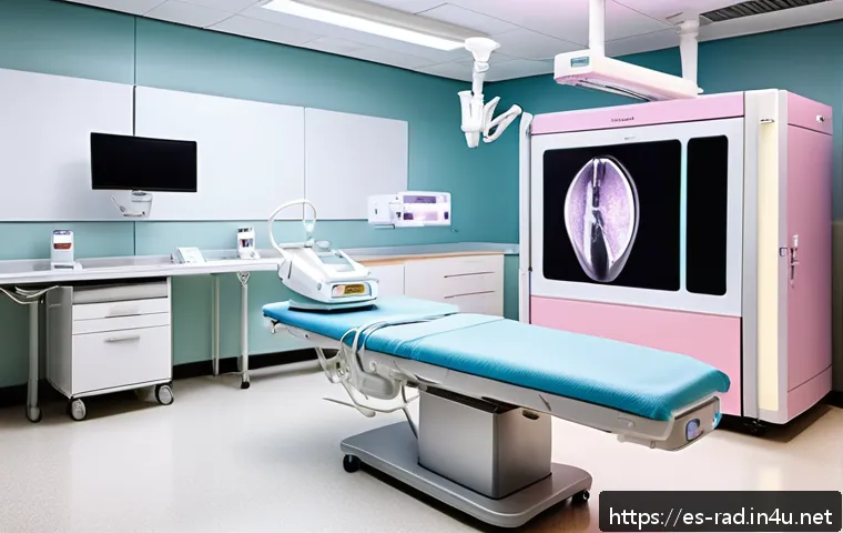 유방암 진단과 치료 비교 - A modern breast cancer diagnostic imaging room in a Spanish hospital, featuring advanced 3D tomosynt...
