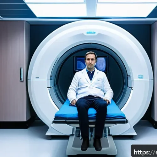 MRI 검사 장단점 비교 - A modern medical MRI scanning room in a Spanish hospital, showing a middle-aged patient lying calmly...