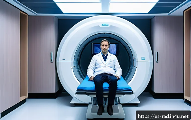 MRI 검사 장단점 비교 - A modern medical MRI scanning room in a Spanish hospital, showing a middle-aged patient lying calmly...