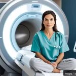 MRI 촬영 전 주의사항 - A calm Hispanic adult woman sitting comfortably in a modern MRI clinic room, wearing simple, metal-f...