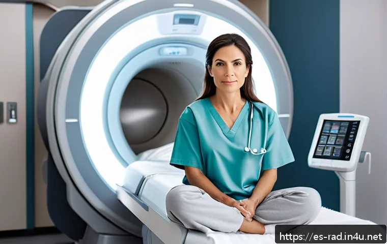 MRI 촬영 전 주의사항 - A calm Hispanic adult woman sitting comfortably in a modern MRI clinic room, wearing simple, metal-f...