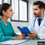 갑상선 검사 의료보험 적용 - A professional Hispanic woman in her 30s sitting in a modern medical clinic, attentively discussing ...
