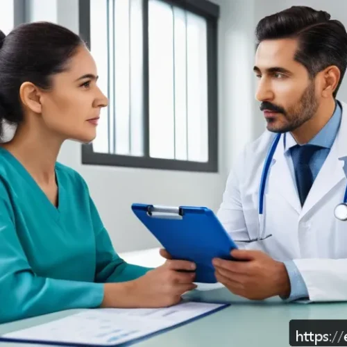 갑상선 검사 의료보험 적용 - A professional Hispanic woman in her 30s sitting in a modern medical clinic, attentively discussing ...