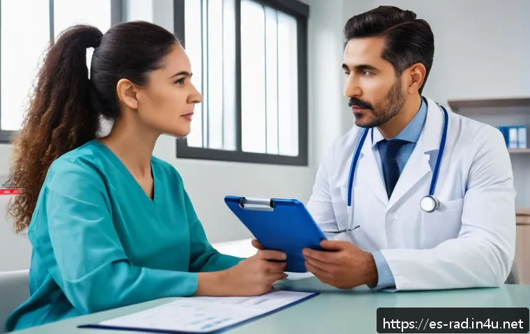 갑상선 검사 의료보험 적용 - A professional Hispanic woman in her 30s sitting in a modern medical clinic, attentively discussing ...
