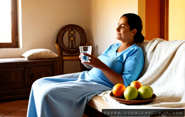 Home 17 방사선 치료 후 회복 관리 - Photorealistic recovery care scene in a bright Spanish home, middle-aged Hispanic woman resting comf...