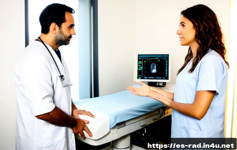 방사선 검사와 안전 가이드 - Photorealistic modern radiology clinic in Spain, reassuring adult patient wearing a hospital gown an...